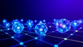 A futuristic scene with blue crystal structures on a glowing grid with a dark background Royalty Free Stock Photo