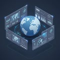 A digital rendering featuring a 3D globe centered within four transparent digital panels Royalty Free Stock Photo