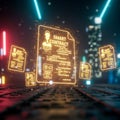AI Generated Digital Rendering of Floating Smart Contracts with Futuristic Cityscape