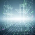 Virtual grid landscape with geometric wireframe structures resembling Royalty Free Stock Photo