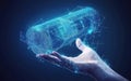 Digital rendering of a futuristic speaker held in a hand, showcasing advanced technology and design concepts