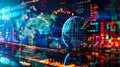 A digital rendering of a globe surrounded by data and graphs representing global market trends and economic activity Royalty Free Stock Photo
