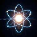 Digital rendering of a glowing atom with orbiting electrons against a starry cosmic background Royalty Free Stock Photo