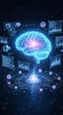 A digital rendering of a glowing, blue brain connected to multiple data screens and Royalty Free Stock Photo