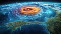 digital rendering of hologram hurricane path floating above coastal area, showcasing vibrant colors