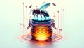 A digital rendering of a honey jar with a hexagonal pattern, glowing Royalty Free Stock Photo