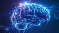 Digital rendering of a human brain, depicted in a glowing blue and purple network style against a dark background. Royalty Free Stock Photo