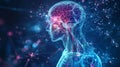 A digital rendering of a human brain with glowing neurons
