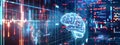 A digital rendering of a human brain, illuminated in blue neon light, floats against a backdrop of abstract data visualizations Royalty Free Stock Photo