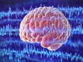 Digital rendering of a human brain surrounded by soundwave patterns symbolizing cognitive science neural pathways and the inter