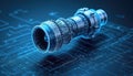 Digital rendering of jet engine with transparent parts showing internal mechanisms. Technical schematics in background with blue Royalty Free Stock Photo