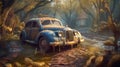 Digital rendering of a neglected, rusty classic car parked on an old, forgotten path Royalty Free Stock Photo