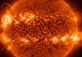 A digital rendering of the Sun showcases its surface marked by Royalty Free Stock Photo