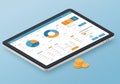 A digital rendering of a tablet displaying a financial dashboard. The interface features Royalty Free Stock Photo