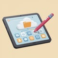 A digital rendering of a tablet with a stylus. The screen displays cloud storage icons, Royalty Free Stock Photo