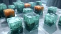 Crystalline Cubes: Teal and Amber Glass Blocks on Reflective Surface Royalty Free Stock Photo