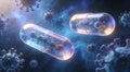 Digital rendering of virus particles morphing into capsules, cosmic blue nebula background, ethereal Royalty Free Stock Photo