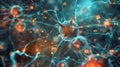 Digital representation of active neuron cells with electrical impulses in a neural network, depicting complex brain activity and