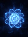 Digital Representation of an Atom With Glowing Blue Energy Patterns in a Dark Backdrop, Illustrating Scientific Concepts Royalty Free Stock Photo