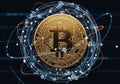 A digital representation of a Bitcoin coin, featuring the iconic \