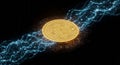 A digital representation of a Bitcoin coin is positioned at the center, surrounded by Royalty Free Stock Photo