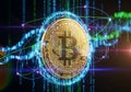 A digital representation of a Bitcoin logo is set against a backdrop of glowing binary code and Royalty Free Stock Photo