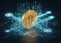 A digital representation of a Bitcoin symbol, centrally featured on a gold coin surrounded by Royalty Free Stock Photo