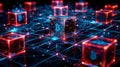 Digital Representation of Blockchain Technology Featuring Glowing Bitcoin Cubes in a Network Environment. Generative AI