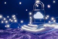 A digital representation of cloud security with a glowing padlock held above shimmering data waves. 3d rendering