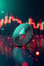 A coin with Ethereum logo with candle chart at the background