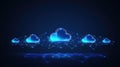 Digital representation of connected clouds with network lines on a dark blue background showcasing modern cloud
