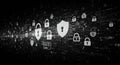 Digital representation of cybersecurity featuring padlocks and a shield with a keyhole. Royalty Free Stock Photo