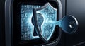 A digital representation of cybersecurity, featuring a shield with a keyhole Royalty Free Stock Photo