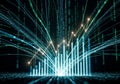 A digital representation of data analysis with a dynamic array of vertical blue bar charts extending Royalty Free Stock Photo