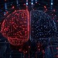 A digital representation of a dual AI brain, with red and blue circuitry, symbolizing artificial intelligence, cognitive computing