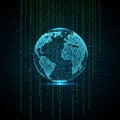 Binary code streams vertically around the globe resembling the flow Royalty Free Stock Photo