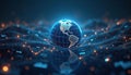 Digital representation of Earth. Futuristic financial setting at night. Data visuals, graphs surround globe. Tech trends, Royalty Free Stock Photo