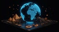 A digital representation of Earth is suspended above a high-tech platform. The globe Royalty Free Stock Photo