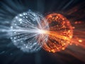 Digital representation of energy flow and atomic particles colliding with dynamic light trails in contrasting blue and orange hues Royalty Free Stock Photo