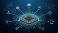 Digital representation featuring a central hexagonal microchip conn Royalty Free Stock Photo
