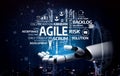 Hand of a robot presenting the concept of Agile methodology with words like Scrum, Kanban, transformation, development Royalty Free Stock Photo