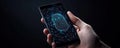 A digital representation of a fingerprint on a smartphone screen symbolizes advanced security technology