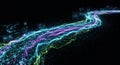 A digital representation of a flowing data stream composed of vibrant