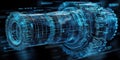 Digital representation of a futuristic gear with glowing blue lines and data streams