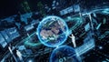 Digital representation of global data network with Earth at center surrounded by binary code and human silhouettes Royalty Free Stock Photo