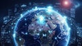 Digital representation of global network connections and data flow around the Earth with glowing nodes and lines Royalty Free Stock Photo