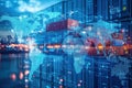 Global Trade Network with Shipping Containers and Digital Interface for Logistics and Supply Chain Visualization Royalty Free Stock Photo