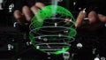 Hands Manipulating Digital Green Globe with Eco Icons and Data Graphics for Environmental Technology and Sustainable Royalty Free Stock Photo