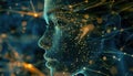 Digital representation of a human face illuminated with interconnected data points against a dark background Royalty Free Stock Photo