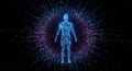 A digital representation of a human figure stands centered in the image,
